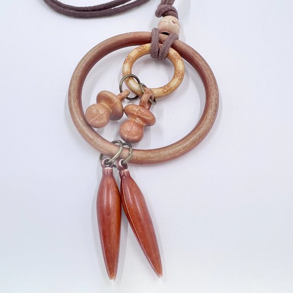 Faux Wood Dangle Brown Cord Over-the-Head 28” Necklace - Picture 5 of 6